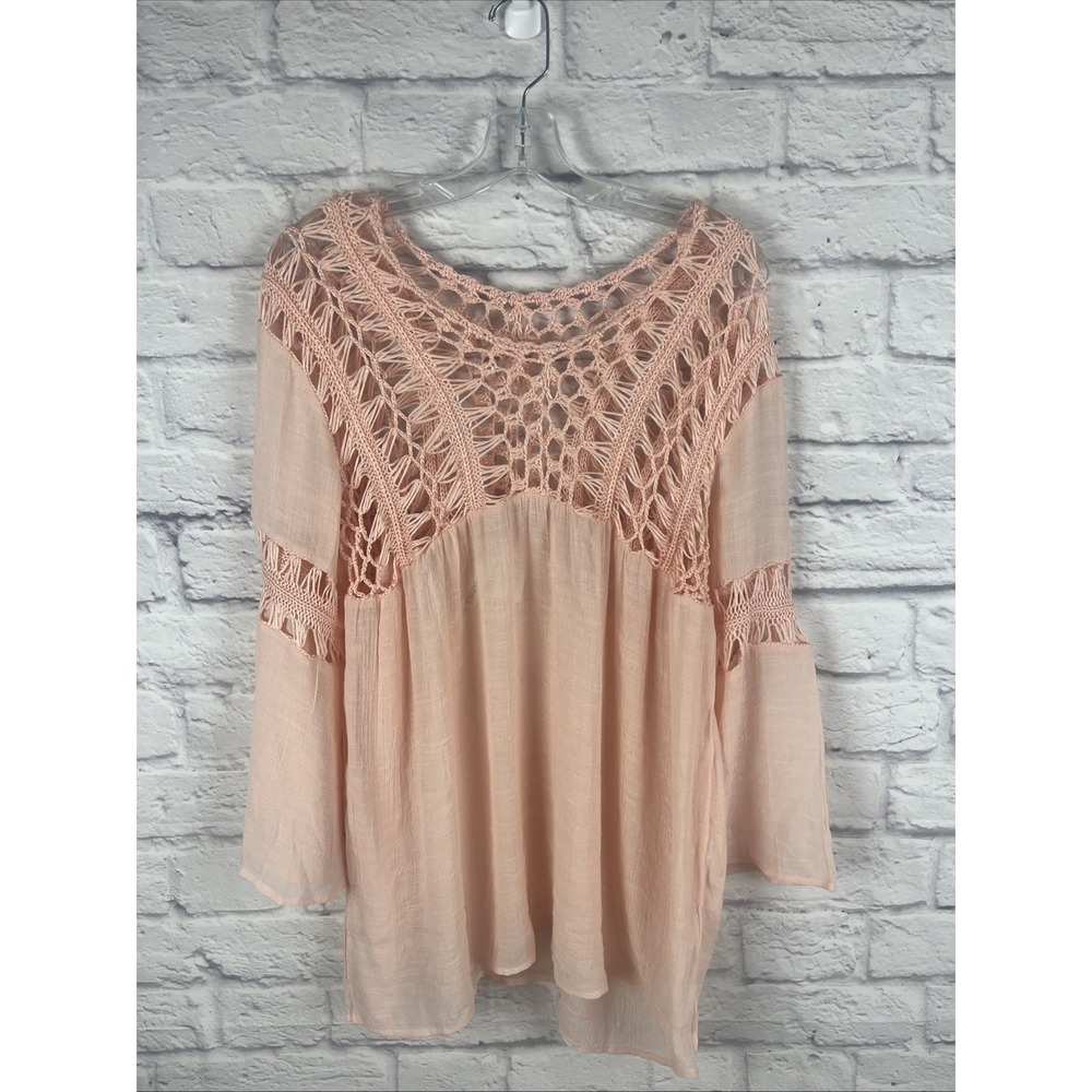 Forgotten Grace Boho Cottage Beachy Pinky Peach Bell Sleeve Crochet Blouse Small